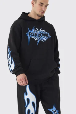 Tall Pour Homme Print Oversized Tracksuit In Black | BoohooMAN UK