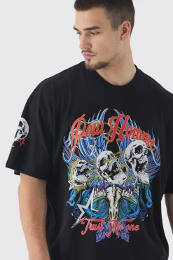 Tall Pour Homme Skull Print Oversized T-shirt In Black | BoohooMAN UK