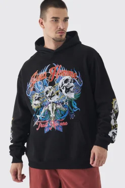 Tall Pour Homme Skull Print Oversized Hoodie In Black | BoohooMAN UK