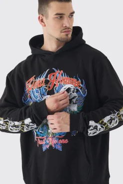 Tall Pour Homme Skull Print Oversized Hoodie In Black | BoohooMAN UK