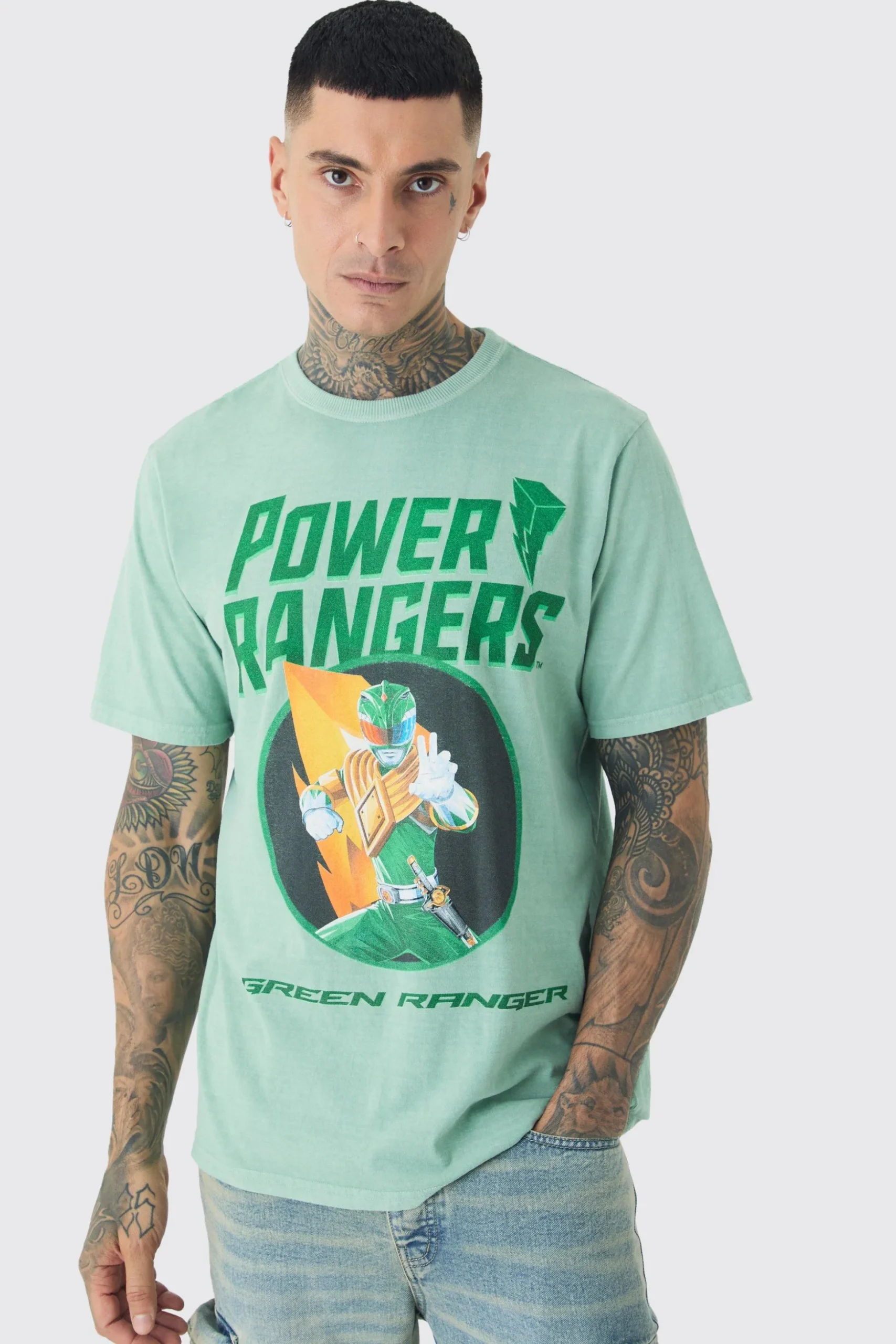 Tall Power Ranger License Print T-shirt In Green | BoohooMAN UK