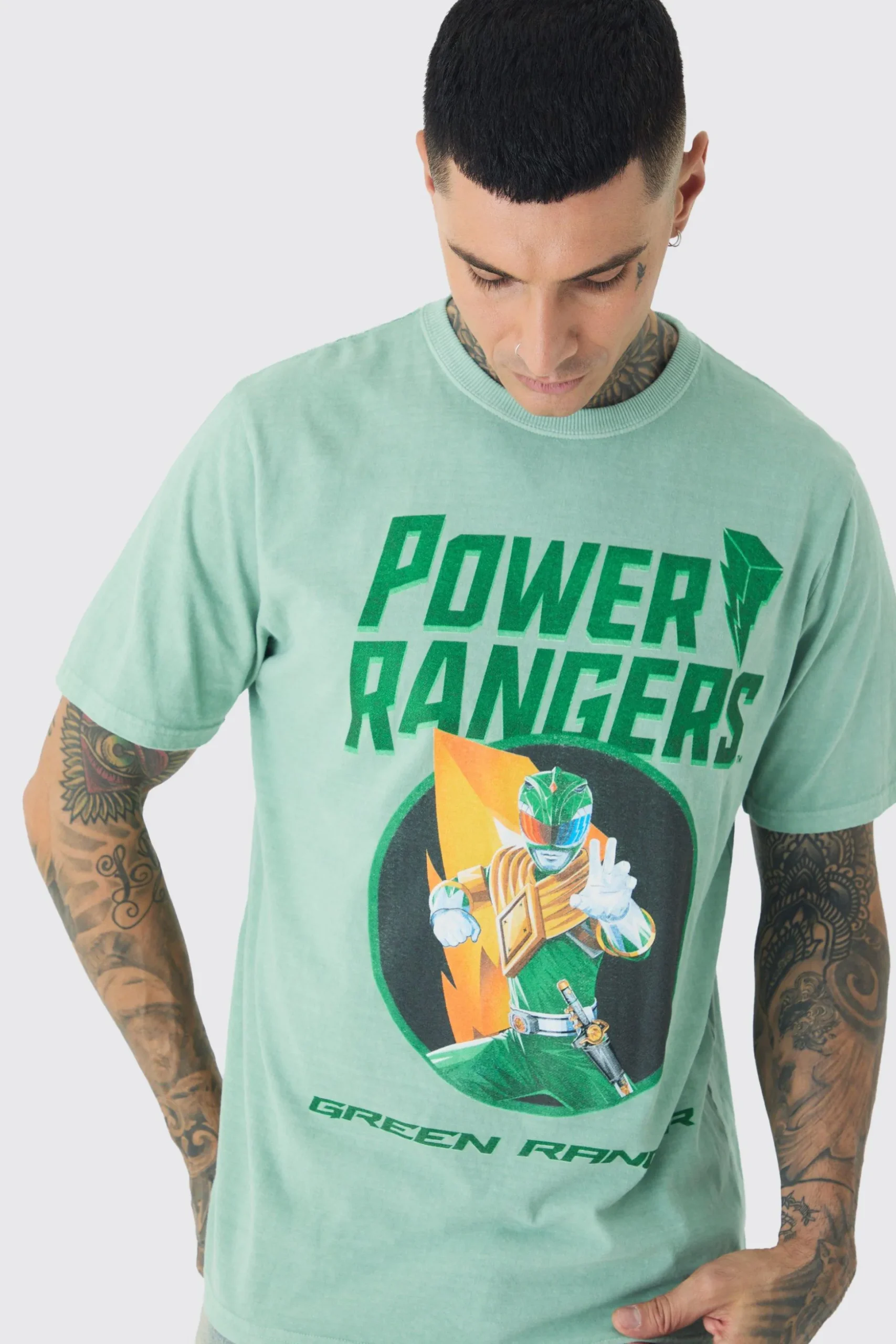 Tall Power Ranger License Print T-shirt In Green | BoohooMAN UK