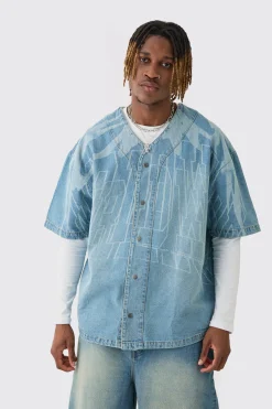 Tall Printed Graphic Denim Baseball Shirt | BoohooMAN UK