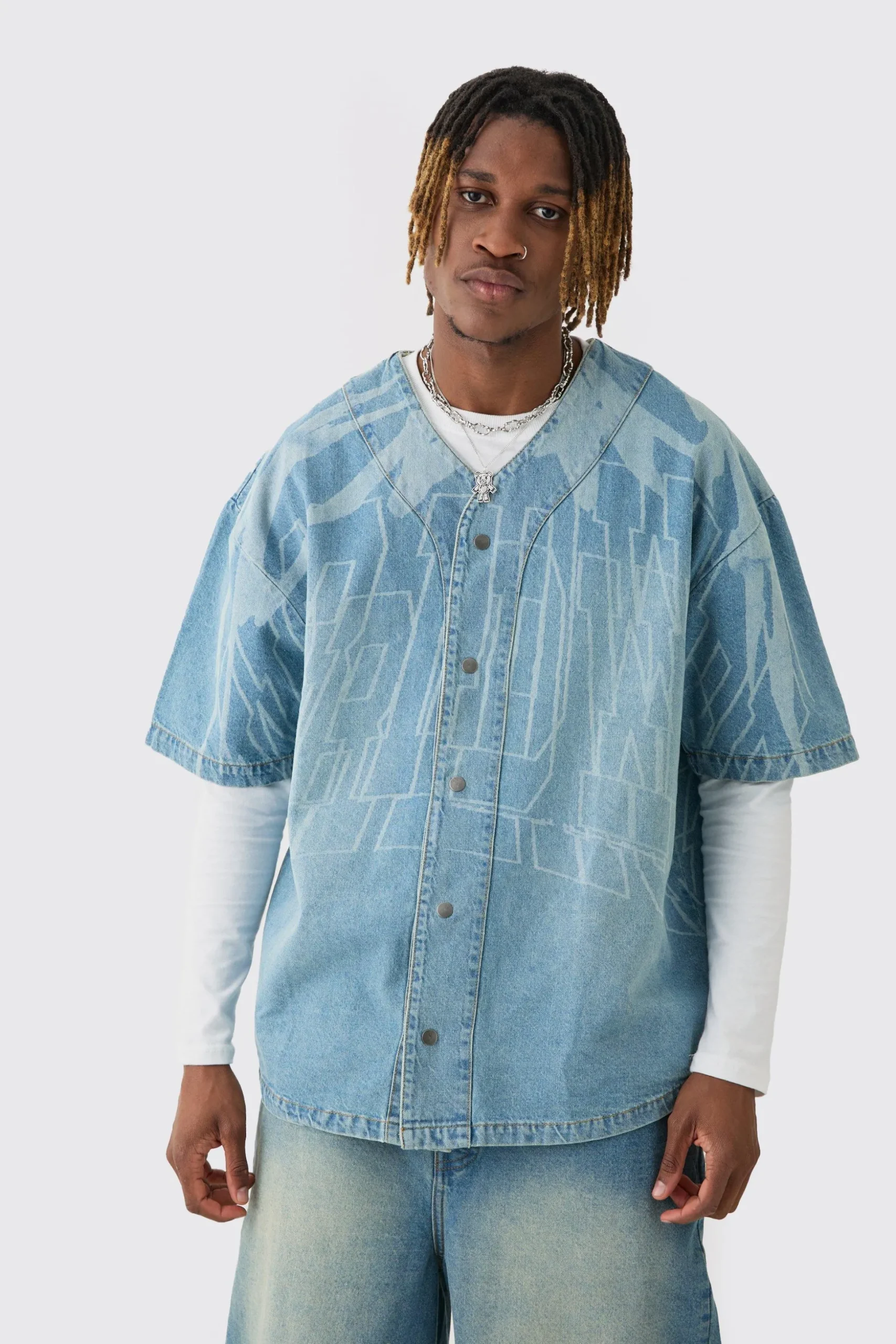 Tall Printed Graphic Denim Baseball Shirt | BoohooMAN UK