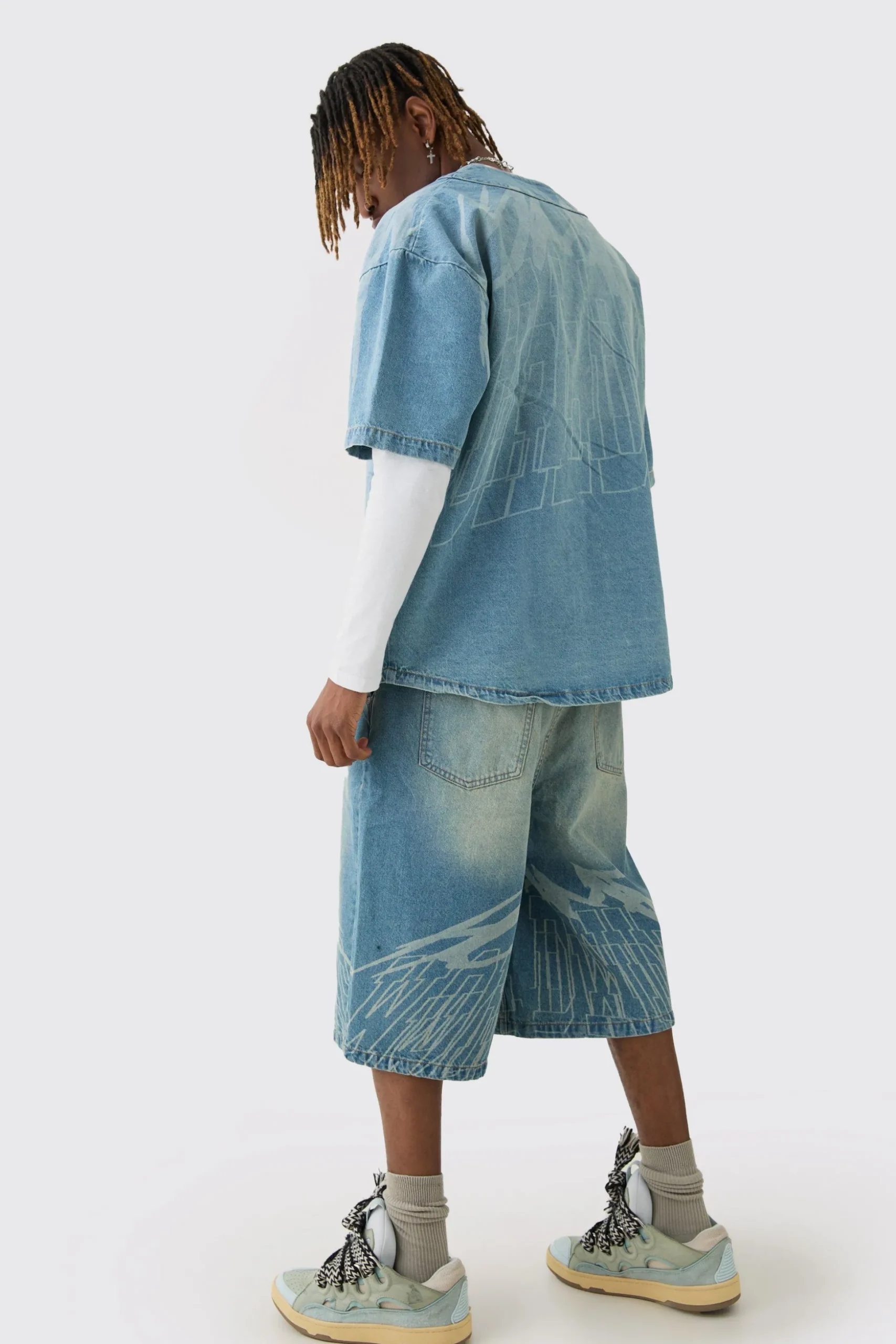 Tall Printed Graphic Denim Baseball Shirt | BoohooMAN UK
