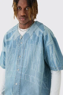 Tall Printed Graphic Denim Baseball Shirt | BoohooMAN UK