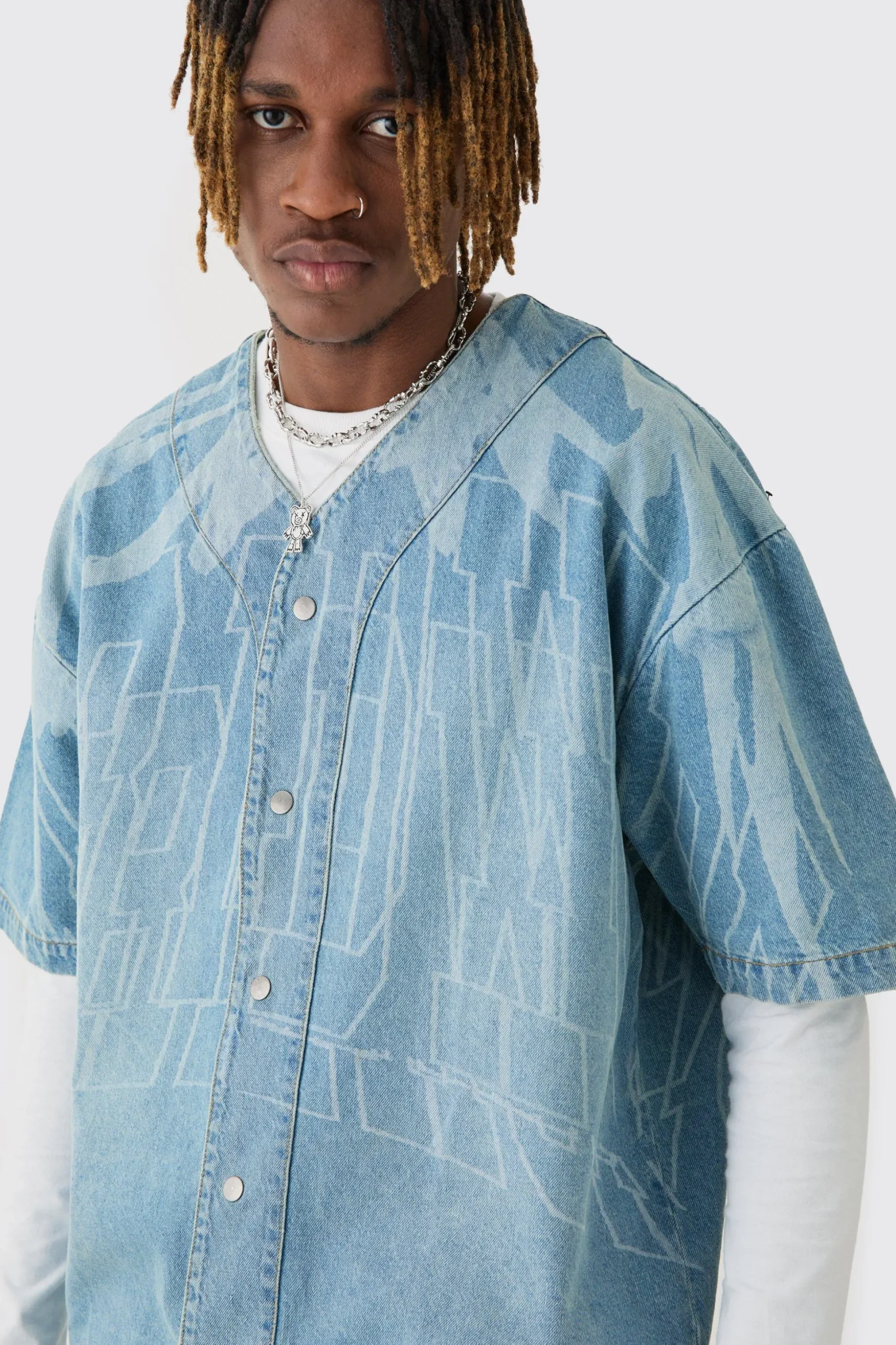 Tall Printed Graphic Denim Baseball Shirt | BoohooMAN UK