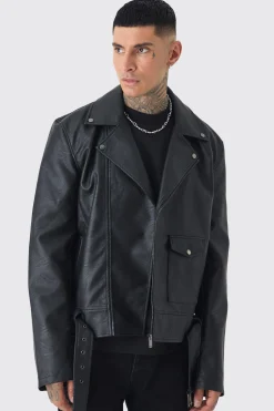 Tall PU Biker Jacket In Black | BoohooMAN UK