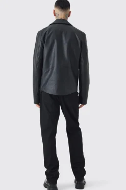 Tall PU Biker Jacket In Black | BoohooMAN UK