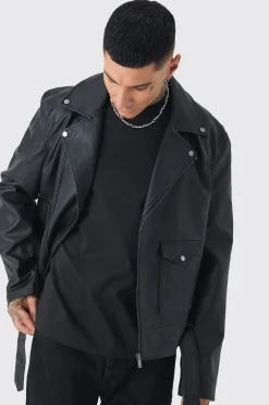 Tall PU Biker Jacket In Black | BoohooMAN UK