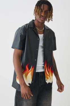 Tall PU Flame Embroidery Shirt | BoohooMAN UK