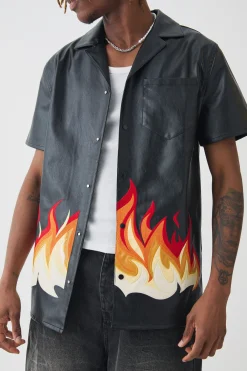 Tall PU Flame Embroidery Shirt | BoohooMAN UK
