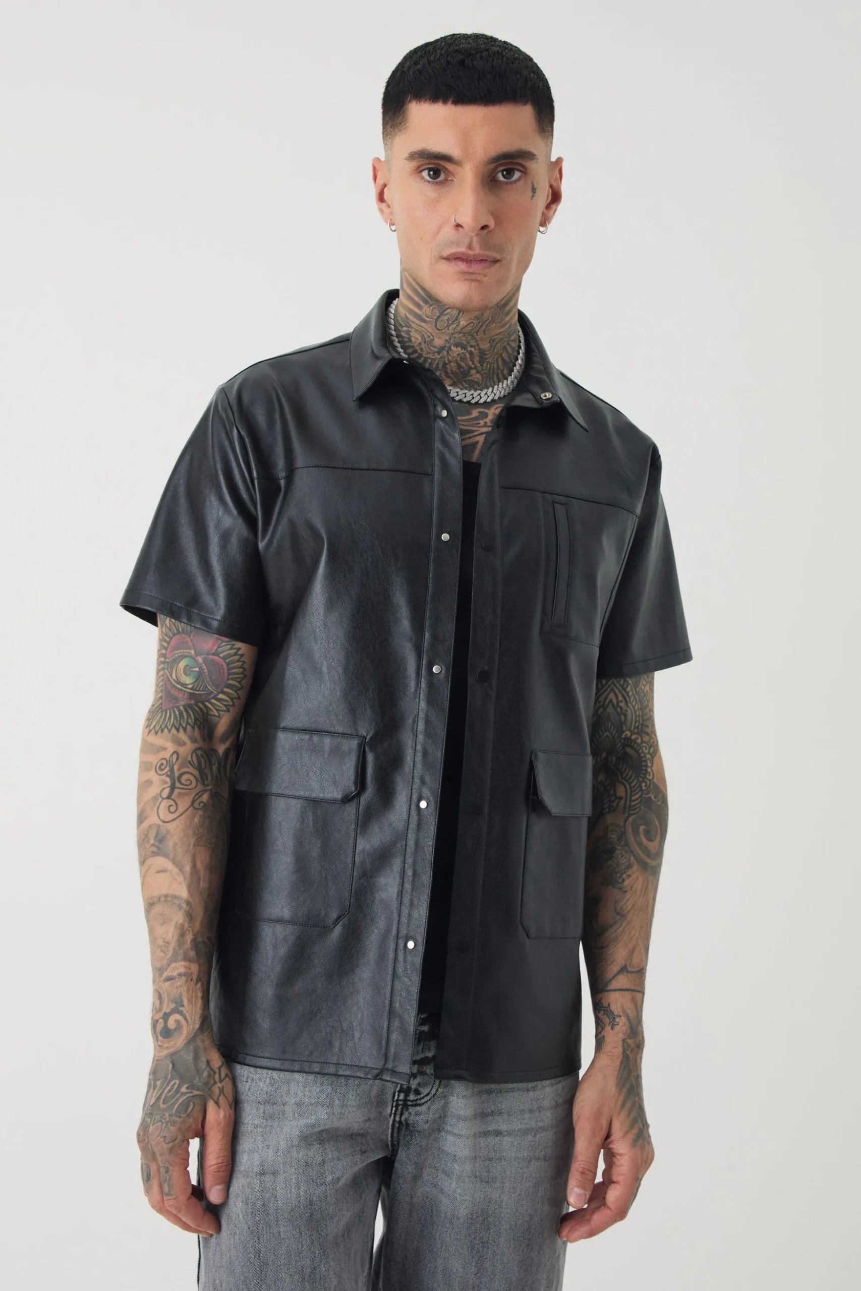Tall PU Utility Pocket Shirt | BoohooMAN UK