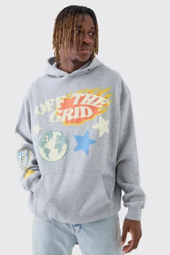 Tall Puff Print Off The Grid Overdyed Hoodie | BoohooMAN UK