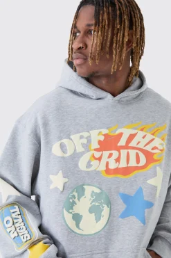 Tall Puff Print Off The Grid Overdyed Hoodie | BoohooMAN UK
