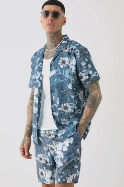 Tall Regular Floral Print Shirt & Swim Short Set | BoohooMAN UK