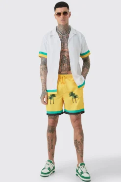 Tall Regular Resort Print Shirt & Swim Short Set In Yellow | BoohooMAN UK