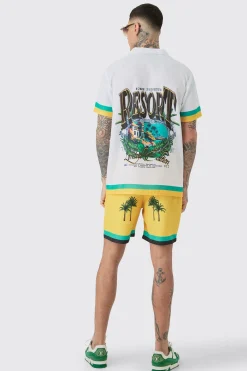 Tall Regular Resort Print Shirt & Swim Short Set In Yellow | BoohooMAN UK