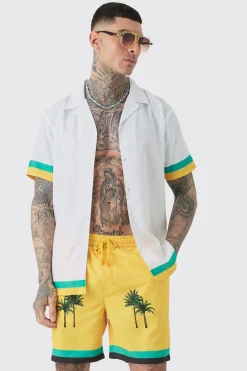Tall Regular Resort Print Shirt & Swim Short Set In Yellow | BoohooMAN UK