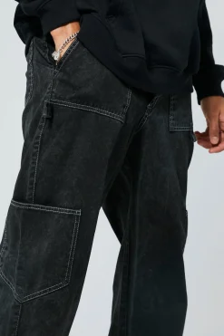 Tall Relaxed Fit Washed Carpenter Cargo Trouser | BoohooMAN UK