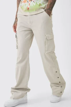 Tall Relaxed Flare Overdye Popper Hem Cargo Trouser In Stone | BoohooMAN UK