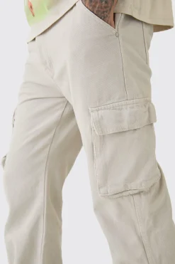 Tall Relaxed Flare Overdye Popper Hem Cargo Trouser In Stone | BoohooMAN UK