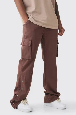 Tall Relaxed Flare Overdye Popper Hem Cargo Trouser In Chocolate | BoohooMAN UK