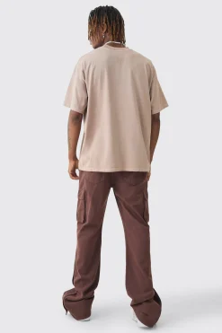 Tall Relaxed Flare Overdye Popper Hem Cargo Trouser In Chocolate | BoohooMAN UK
