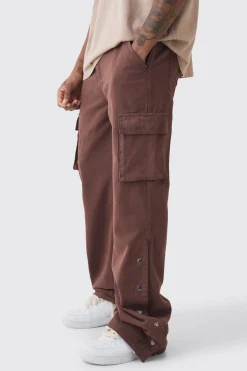 Tall Relaxed Flare Overdye Popper Hem Cargo Trouser In Chocolate | BoohooMAN UK