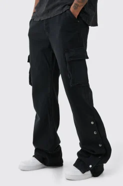 Tall Relaxed Flare Overdye Popper Hem Cargo Trouser In Black | BoohooMAN UK
