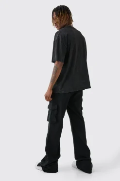 Tall Relaxed Flare Overdye Popper Hem Cargo Trouser In Black | BoohooMAN UK