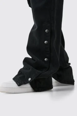 Tall Relaxed Flare Overdye Popper Hem Cargo Trouser In Black | BoohooMAN UK