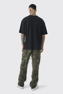 Tall Relaxed Heavily Distressed Camo Trouser | BoohooMAN UK