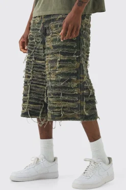 Tall Relaxed Heavily Distressed Camo Jort | BoohooMAN UK