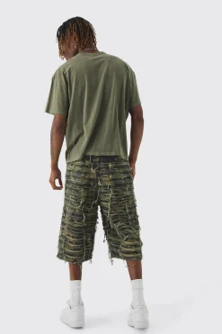 Tall Relaxed Heavily Distressed Camo Jort | BoohooMAN UK