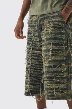 Tall Relaxed Heavily Distressed Camo Jort | BoohooMAN UK