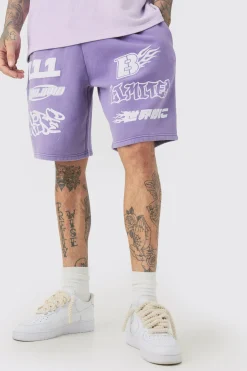 Tall Relaxed Moto Puff Print Washed Shorts | BoohooMAN UK