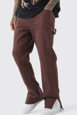 Tall Relaxed Overdye Carpenter Split Hem Trouser In Chocolate | BoohooMAN UK