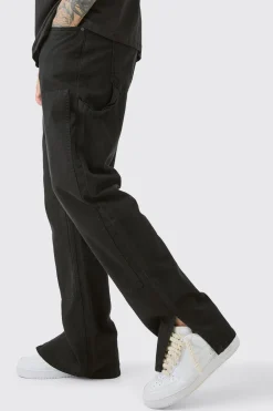 Tall Relaxed Overdye Carpenter Split Hem Trouser In Black | BoohooMAN UK