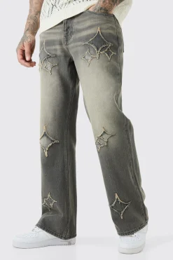 Tall Relaxed Rigid Flare Self Fabric Applique Gusset Jeans | BoohooMAN UK
