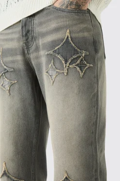 Tall Relaxed Rigid Flare Self Fabric Applique Gusset Jeans | BoohooMAN UK