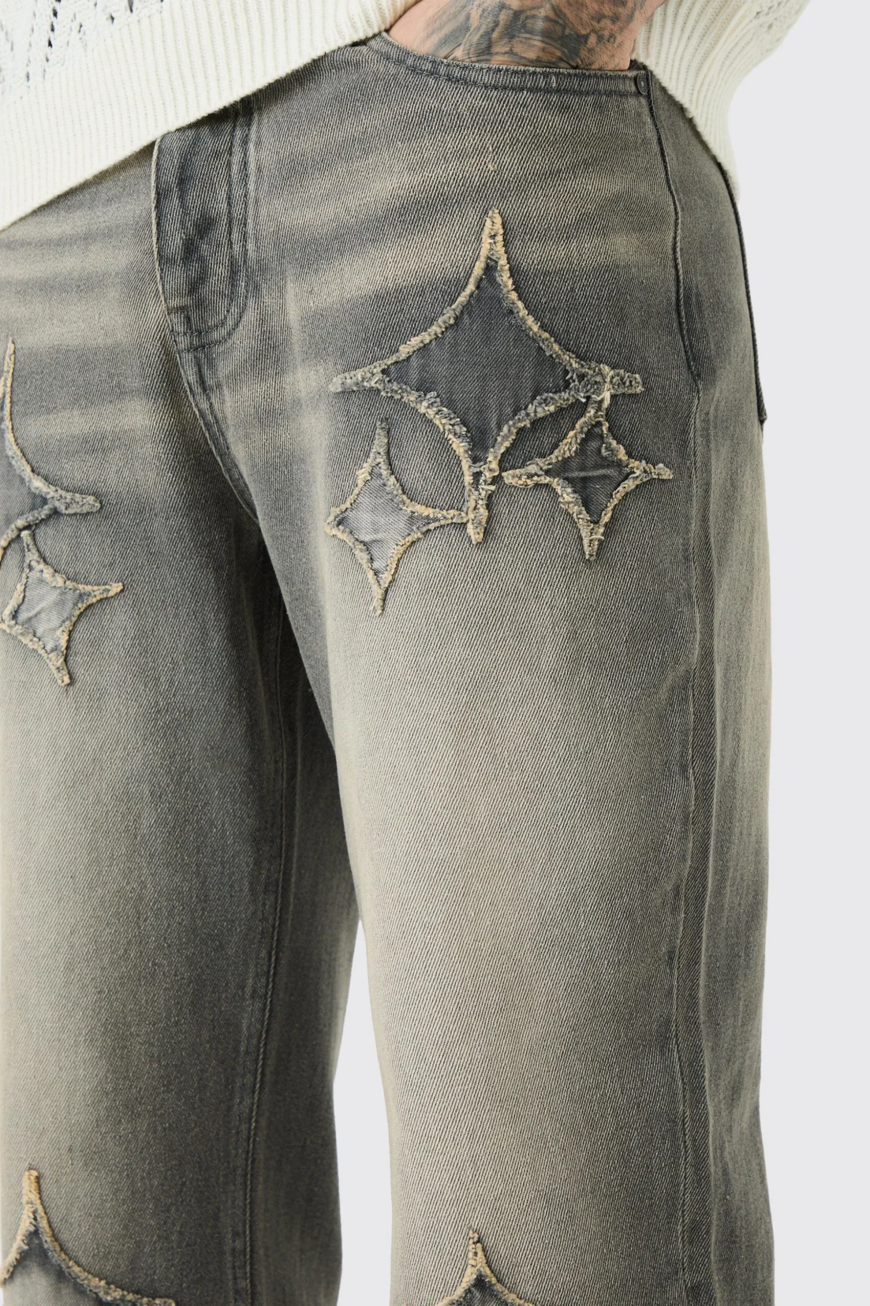 Tall Relaxed Rigid Flare Self Fabric Applique Gusset Jeans | BoohooMAN UK