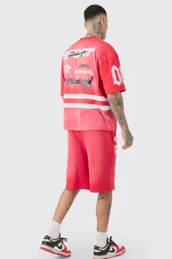 Tall Relaxed Washed Applique Moto Jersey Shorts | BoohooMAN UK