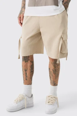 Tall Ribbed Relaxed Cargo Short In Taupe | BoohooMAN UK