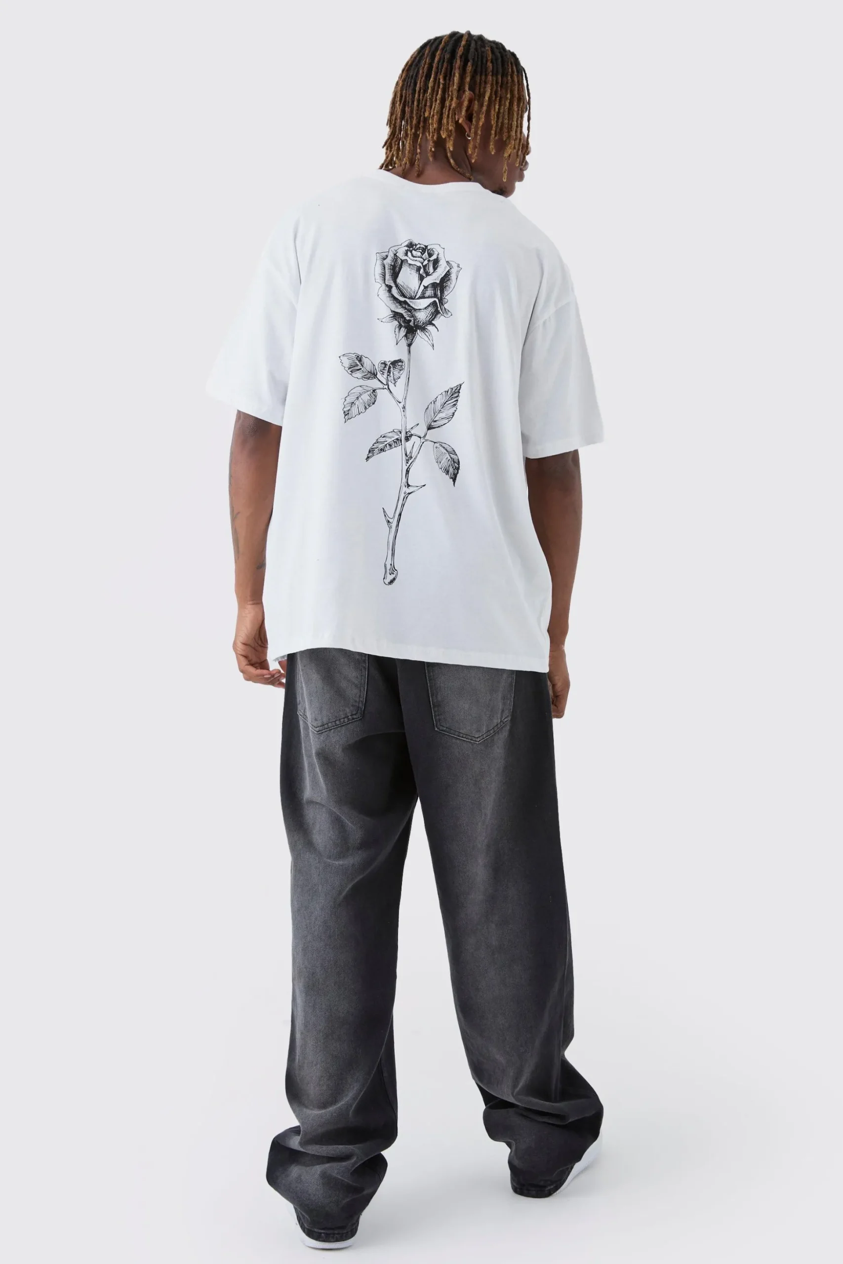 Tall Rose Back Printed Oversized T-Shirt | BoohooMAN UK