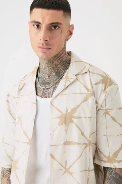 Tall Short Sleeve Drop Revere Abstract Poplin Print Shirt | BoohooMAN UK