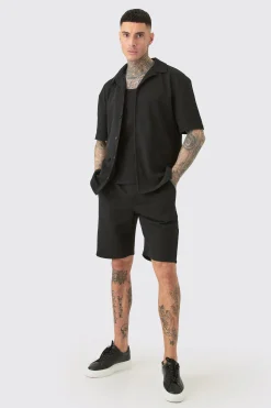 Tall Short Sleeve Drop Revere Shirt & Short Set In Black | BoohooMAN UK