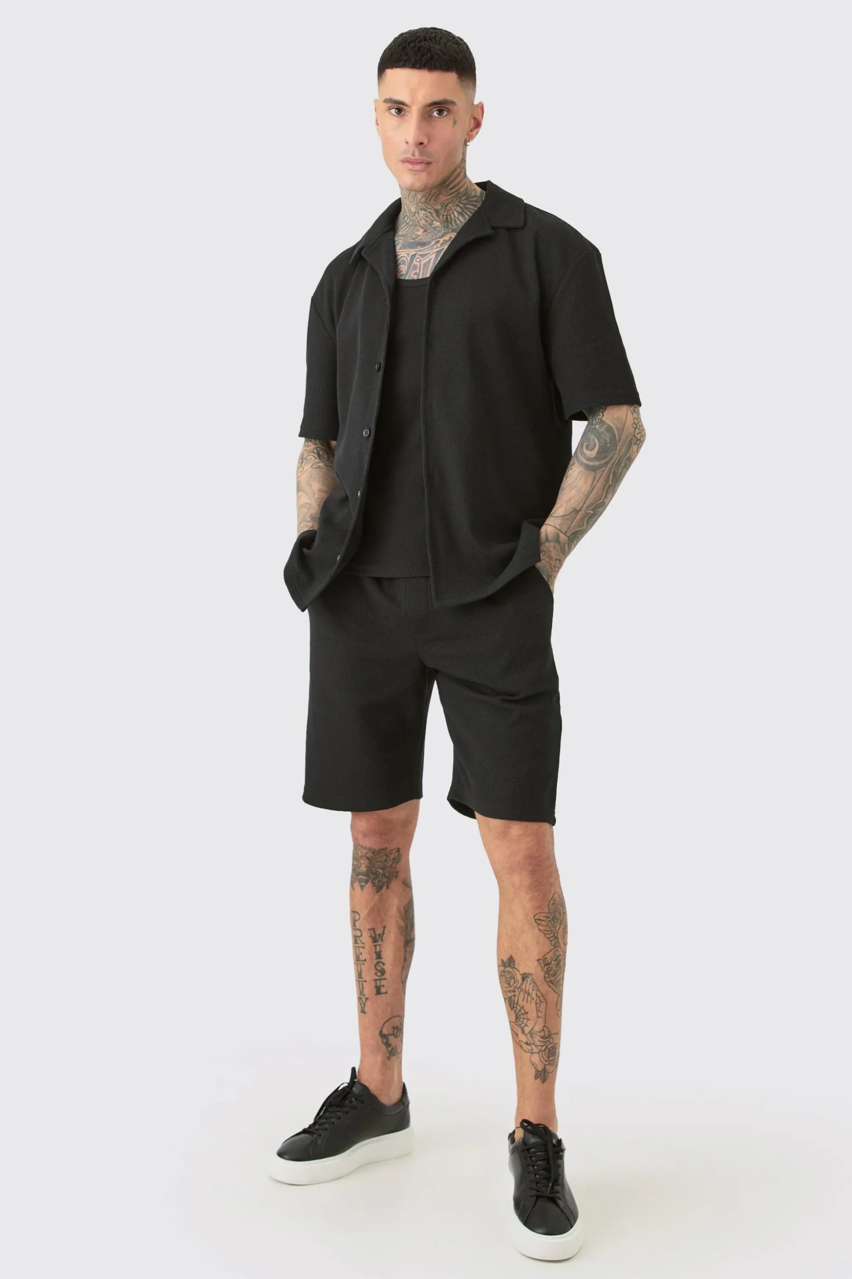 Tall Short Sleeve Drop Revere Shirt & Short Set In Black | BoohooMAN UK