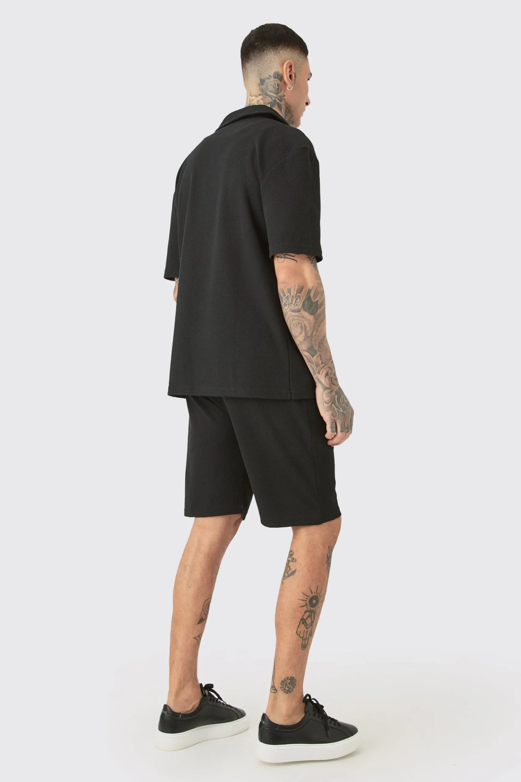 Tall Short Sleeve Drop Revere Shirt & Short Set In Black | BoohooMAN UK