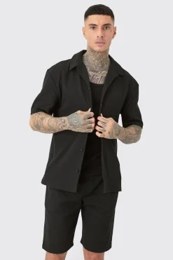 Tall Short Sleeve Drop Revere Shirt & Short Set In Black | BoohooMAN UK